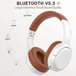 LORELEI B-C5 Wireless Headphones Bluetooth On-Ear Headset Bulit in Microphone, 30H Playtime,BT 5.3 Lightweght Foldable Headphones for Tablet/Ipad/Travel/Kids/Teens/Adult (White-Brown)