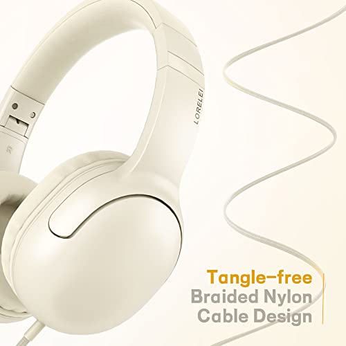 LORELEI E5 Wired Headphones for Kids Foldable & 3.5mm Jack Tangle Free Nylon Wire Stereo On Ear Headsets for Kids/Children/School/Tablet/Ipad/Kiddle/Plane (Beige White)