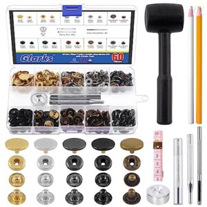 glarks 60 sets leather snap fasteners kit, 15mm 6 colors metal snap buttons press studs with 7pcs setting tools, hammer, grease pencils and tape measure for diy leather craft, clothes, bags