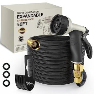 expandable garden hose 50ft - new patented water hose with 40 layers of innovative nano rubber - real leak-proof water hose - 10-function spray nozzle - lightweight, durable, flexible (black)