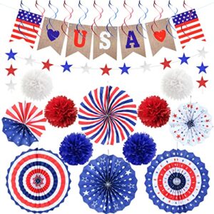 4th of july decorations independence day patriotic decor set - red white blue paper usa banner flag fans star streamer pom poms for memorial veterans labor presidents flag day home parties accessories