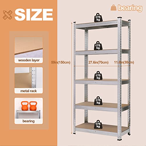 Timati 5-Shelf Adjustable，Heavy Duty Metal Storage Utility Rack，Multipurpose Shelf，Garage Storage Shelves Storage Racks Heavy Duty Shed Shelving- Silvery 27.6" W x 11.8" D x 59" H