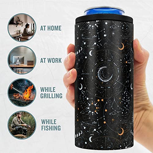 NewYT Skinny Can Cooler,Slim Can Cooler Insulated,Double Wall Vacuum Stainless Steel Drink Holder,Skinny Can Coozie 12oz for Hard Seltzer,Slim Beer and Energy Drinks-Astrology Print