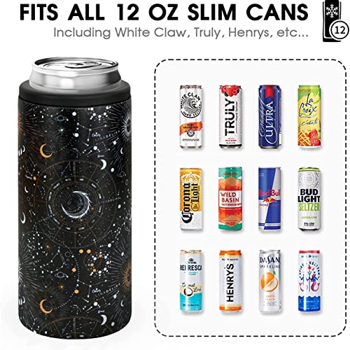 NewYT Skinny Can Cooler,Slim Can Cooler Insulated,Double Wall Vacuum Stainless Steel Drink Holder,Skinny Can Coozie 12oz for Hard Seltzer,Slim Beer and Energy Drinks-Astrology Print