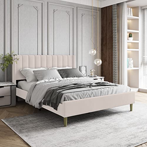 Zoophyter Upholstered Platform Bed Frame Queen Size with Headboard,Strong Wooden Slats Support No Box Spring Needed Easy Assembly Cream