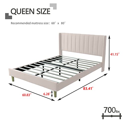 Zoophyter Upholstered Platform Bed Frame Queen Size with Headboard,Strong Wooden Slats Support No Box Spring Needed Easy Assembly Cream