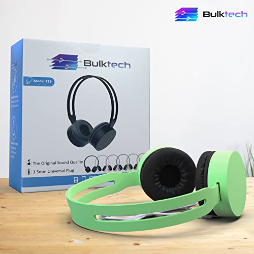 Bulktech 728 Stereo Headset for Kids, Children and Teens - Tangle-Free Wired Cord On-Ear Headphones with 3.5mm Jack for Smartphones, Tablets, School, Kindle, Airplane Travel - 1 Pack Green