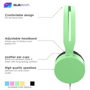 Bulktech 728 Stereo Headset for Kids, Children and Teens - Tangle-Free Wired Cord On-Ear Headphones with 3.5mm Jack for Smartphones, Tablets, School, Kindle, Airplane Travel - 1 Pack Green