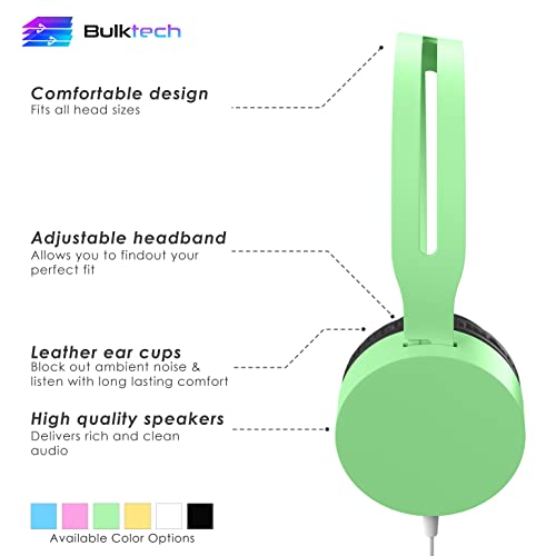 Bulktech 728 Stereo Headset for Kids, Children and Teens - Tangle-Free Wired Cord On-Ear Headphones with 3.5mm Jack for Smartphones, Tablets, School, Kindle, Airplane Travel - 1 Pack Green