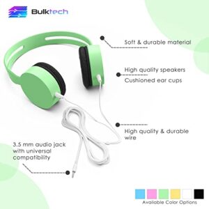 Bulktech 728 Stereo Headset for Kids, Children and Teens - Tangle-Free Wired Cord On-Ear Headphones with 3.5mm Jack for Smartphones, Tablets, School, Kindle, Airplane Travel - 1 Pack Green