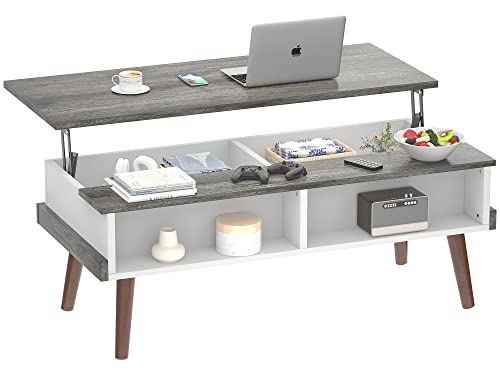 Aheaplus Lift Top Coffee Table with Storage, 43.3" Modern Center Table Lift Tabletop Wood Dining Table Pop Up Table with Open Compartment for Living Room, Home Office, Black Oak and White