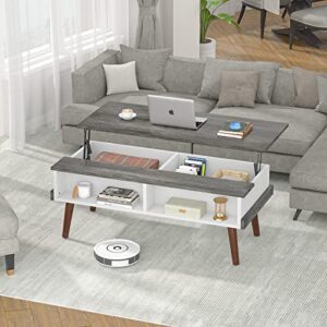 Aheaplus Lift Top Coffee Table with Storage, 43.3" Modern Center Table Lift Tabletop Wood Dining Table Pop Up Table with Open Compartment for Living Room, Home Office, Black Oak and White