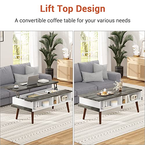 Aheaplus Lift Top Coffee Table with Storage, 43.3" Modern Center Table Lift Tabletop Wood Dining Table Pop Up Table with Open Compartment for Living Room, Home Office, Black Oak and White