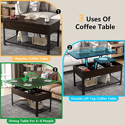 Furniouse Coffee Table Lift Top, 3 in 1 Multi-Function Coffee Table with Hidden Compartment, Coffee Table Converts to Dining Table for Living Room, Home Office, Espresso