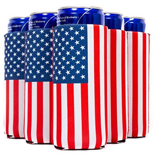 QualityPerfection Slim Can Cooler Sleeves, Beer/Energy Drink Pattern Skinny 12 oz Neoprene Coolie, Thermocoolers for 12 oz Tall Skinny Beverage - 6 Pack (American Flag Navy Blue)