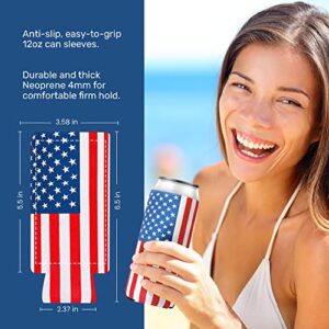 QualityPerfection Slim Can Cooler Sleeves, Beer/Energy Drink Pattern Skinny 12 oz Neoprene Coolie, Thermocoolers for 12 oz Tall Skinny Beverage - 6 Pack (American Flag Navy Blue)