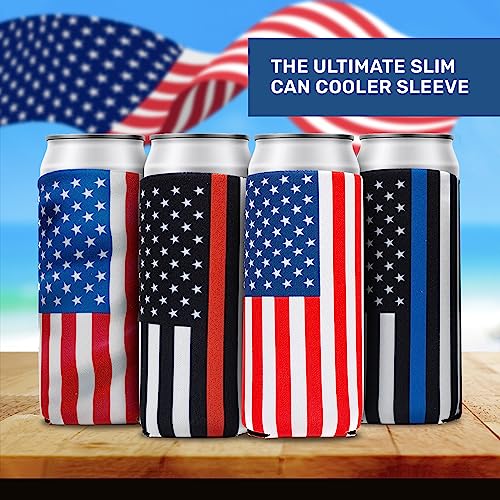 QualityPerfection Slim Can Cooler Sleeves, Beer/Energy Drink Pattern Skinny 12 oz Neoprene Coolie, Thermocoolers for 12 oz Tall Skinny Beverage - 6 Pack (American Flag Navy Blue)