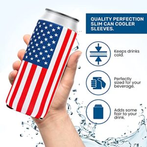 QualityPerfection Slim Can Cooler Sleeves, Beer/Energy Drink Pattern Skinny 12 oz Neoprene Coolie, Thermocoolers for 12 oz Tall Skinny Beverage - 6 Pack (American Flag Navy Blue)