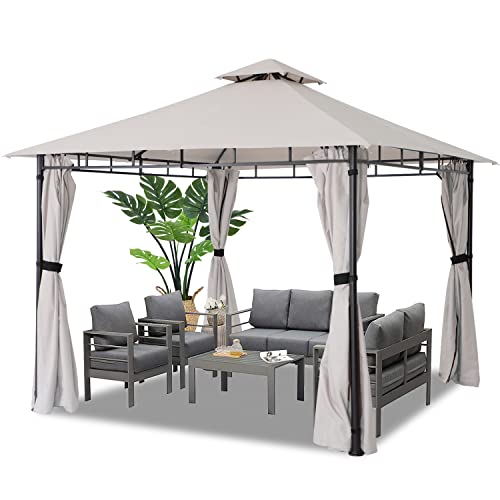 CHARMELEON 10x10ft Gazebo for Patio, Outdoor Gazebo with Curtains & Sandbags, Double Roof Tops Patio Gazebo, Waterproof Patio Canopy for Garden, Deck, Backyard (Light Grey)