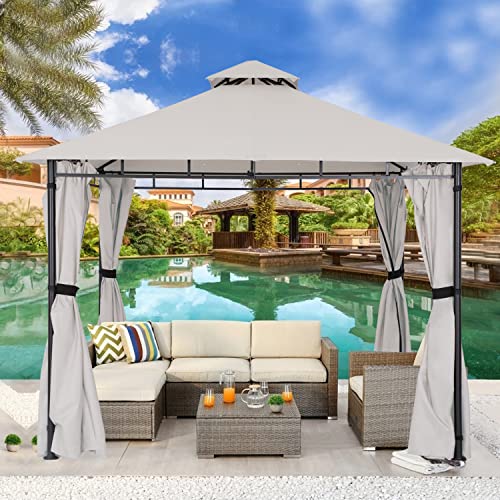 CHARMELEON 10x10ft Gazebo for Patio, Outdoor Gazebo with Curtains & Sandbags, Double Roof Tops Patio Gazebo, Waterproof Patio Canopy for Garden, Deck, Backyard (Light Grey)