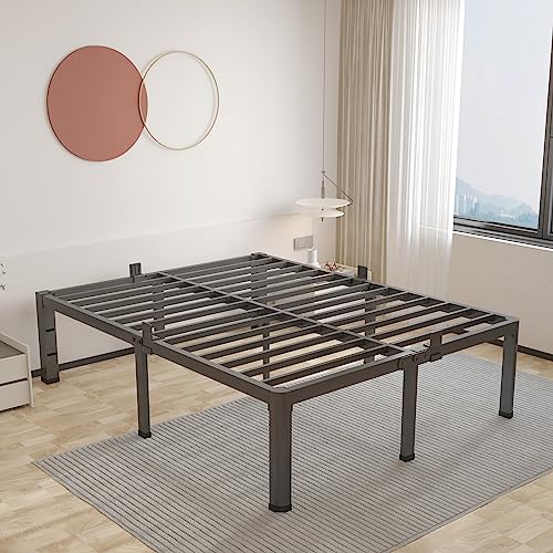 ROIL 14 inch King Bed Frame Metal Platform No Box Spring Needed with Headboard Hole and Round Corner Legs Mattress Retainers 3500LBS Heavy Duty Steel Slats Noise-Free Underneath Storage Easy Assembly