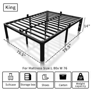 ROIL 14 inch King Bed Frame Metal Platform No Box Spring Needed with Headboard Hole and Round Corner Legs Mattress Retainers 3500LBS Heavy Duty Steel Slats Noise-Free Underneath Storage Easy Assembly