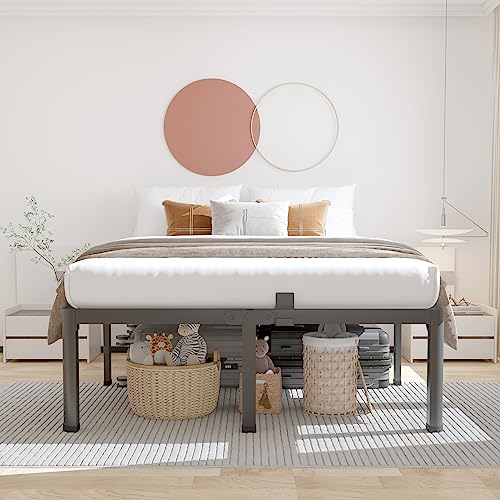 ROIL 14 inch King Bed Frame Metal Platform No Box Spring Needed with Headboard Hole and Round Corner Legs Mattress Retainers 3500LBS Heavy Duty Steel Slats Noise-Free Underneath Storage Easy Assembly