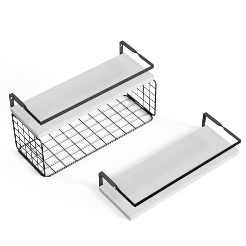 LoengMax Floating Shelves with Bathroom Paper Storage Basket, Wall Shelves Over Toilet with Protective Metal Guardrail Set of 2, Rustic Floating Shelf with Guardrail (White)