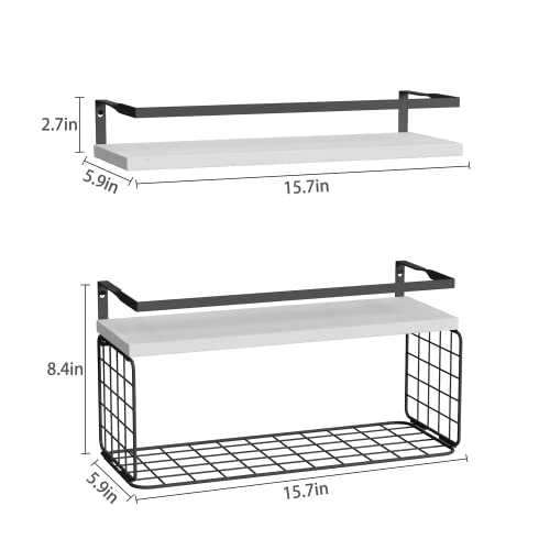 LoengMax Floating Shelves with Bathroom Paper Storage Basket, Wall Shelves Over Toilet with Protective Metal Guardrail Set of 2, Rustic Floating Shelf with Guardrail (White)