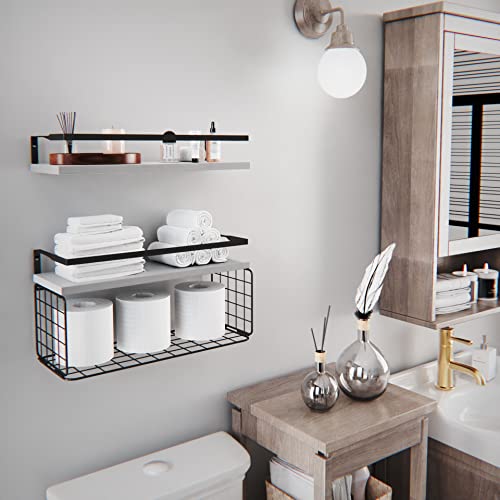 LoengMax Floating Shelves with Bathroom Paper Storage Basket, Wall Shelves Over Toilet with Protective Metal Guardrail Set of 2, Rustic Floating Shelf with Guardrail (White)