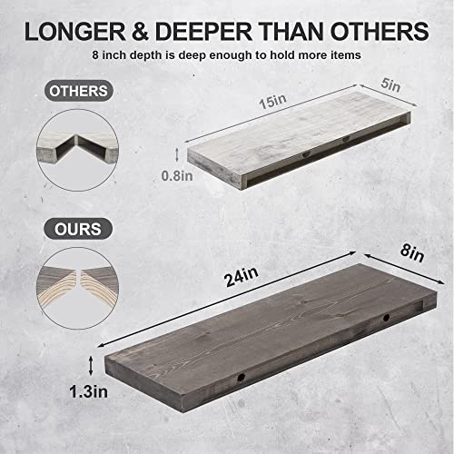 Axeman Floating Shelves 8 Inch Deep, Grey 24 Inch Solid Wood Shelves Set of 2, Wall Mounted Shelves for Living Room Kitchen Bathroom, Grey Washed