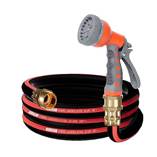 M JJYPET Upgraded Hybrid Garden Hose,5/8in.x10ft,Light Weight,No Kink Water Hose with 7 Function spray Hose Nozzle,Leak Proof Short Hose for Outside Car,Floor,Yard Washing,Garden Watering.(10FT)