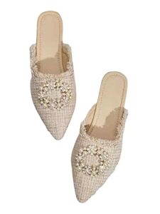 wdirara women's pointed toe flat mules slip on faux peals raw trim loafer slides beige eur39