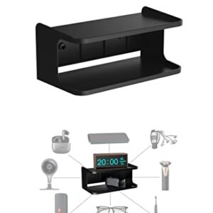 NOTMBESTM Bedside Wall Shelf Organizer Small Bedside Shelf Wall Mount for Bed Universal Stick on Wall Shelf Double Tray Holder for Storing Cellphone, Glasses, Keys, Camera, Alarm Clock (Black)