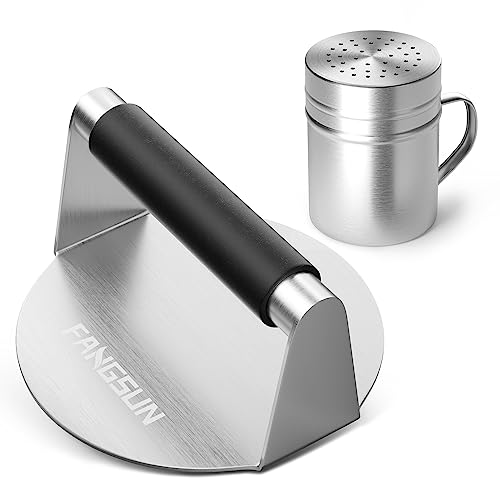 FANGSUN Smashed Burger Press and Spice Shaker, 5.8 Inch Stainless Steel Burger Smasher with Heat-Resistant Handle, Round Non-Stick Hamburger Press, Griddle Accessories Kit for Cooking, Grill Gift