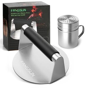 FANGSUN Smashed Burger Press and Spice Shaker, 5.8 Inch Stainless Steel Burger Smasher with Heat-Resistant Handle, Round Non-Stick Hamburger Press, Griddle Accessories Kit for Cooking, Grill Gift