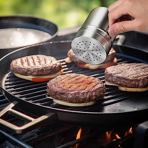 FANGSUN Smashed Burger Press and Spice Shaker, 5.8 Inch Stainless Steel Burger Smasher with Heat-Resistant Handle, Round Non-Stick Hamburger Press, Griddle Accessories Kit for Cooking, Grill Gift