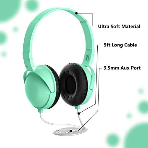 Bulktech 718 On-Ear Wired Headset for Children - Stereo Sound, Tangle-Free 5ft Long Cord with 3.5mm Jack, Compatible with Kindle, Fire, Tablets, and Suitable for School, Travel - 1 Pack Green