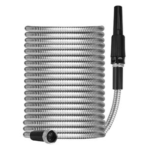 garden hose 50ft,304 stainless steel metal water hose with adjustable nozzle, lightweight, high pressure, no kink explosion, no bite (50ft)