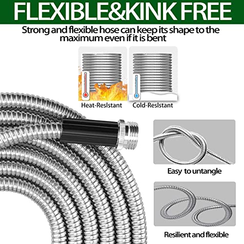 Garden Hose 50ft,304 Stainless Steel Metal Water Hose with Adjustable Nozzle, Lightweight, High Pressure, no kink explosion, no bite (50FT)