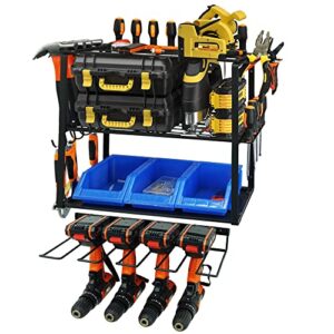 power tool organizer wall mount, power tool storage rack drills holder heavy duty, 4 layer metal shelf utility tools rack with pliers hammers screwdrivers holder, rack for garage home workshop