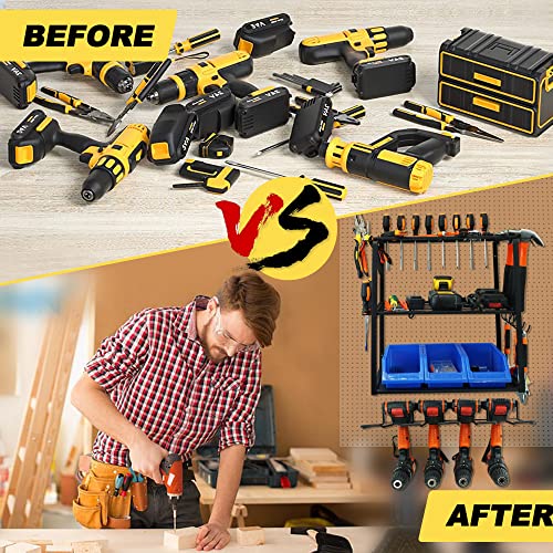 Power Tool Organizer Wall Mount, Power Tool Storage Rack Drills Holder Heavy Duty, 4 Layer Metal Shelf Utility Tools Rack with Pliers Hammers Screwdrivers Holder, Rack for Garage Home Workshop