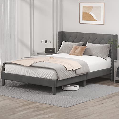 DOGIBIXO Queen Size Bed Frame with LED Lights, Upholstered Bed Frame with Wingback Diamond Tufted Headboard, Wood Slats Support, Noise-Free, Easy Assembly, No Box Spring Needed, Grey