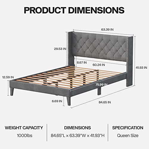 DOGIBIXO Queen Size Bed Frame with LED Lights, Upholstered Bed Frame with Wingback Diamond Tufted Headboard, Wood Slats Support, Noise-Free, Easy Assembly, No Box Spring Needed, Grey