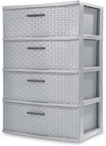 4 drawer wide weave storage tower with driftwood handles,organizer storage tower for closet, bedroom, entryway, white (cement)