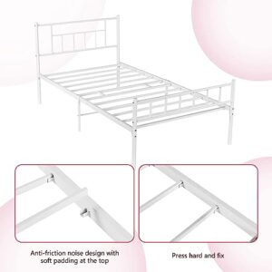 4 EVER WINNER Twin Metal Bed Frame with Headboard, Twin Metal Platform Bed Frame for Kids, No Box Spring Needed, Mattress Foundation for Storage, Easy Assembly, Noise-Free, White