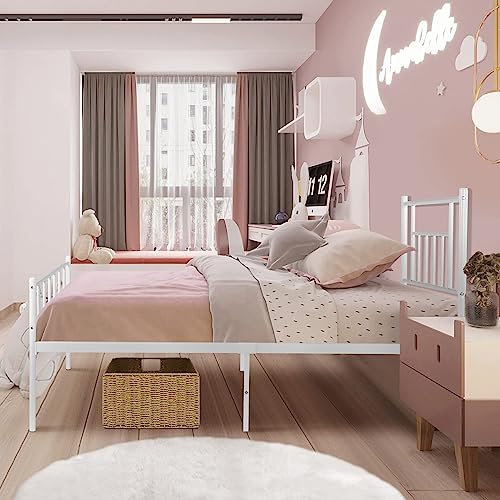 4 EVER WINNER Twin Metal Bed Frame with Headboard, Twin Metal Platform Bed Frame for Kids, No Box Spring Needed, Mattress Foundation for Storage, Easy Assembly, Noise-Free, White