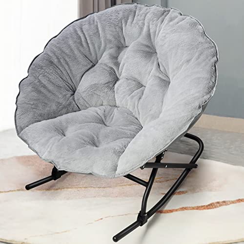 OAKHAM Comfy Saucer Chair, Folding Faux Fur Lounge Chair for Bedroom and Living Room, Flexible Seating for Kids Teens Adults, X-Large, Rock-Grey