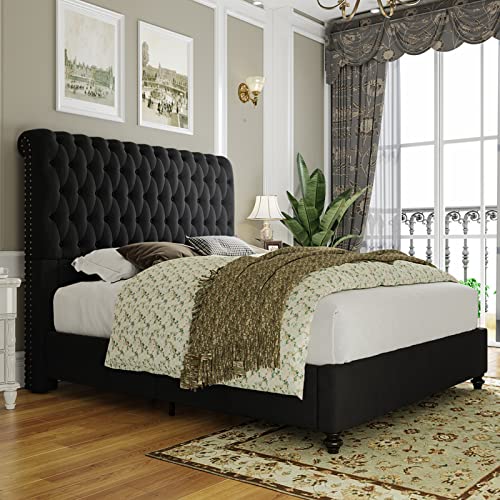 Jocisland Platform Bed Frame Upholstered Bed Sleigh Headboard Velvet Tufted Diamond Button/No Box Spring Needed/Easy Assembly (Black, King)