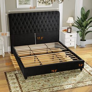 Jocisland Platform Bed Frame Upholstered Bed Sleigh Headboard Velvet Tufted Diamond Button/No Box Spring Needed/Easy Assembly (Black, King)